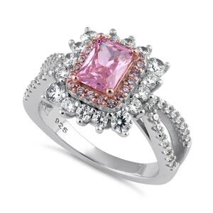 New Sterling Silver Royal Pink Halo CZ Ring